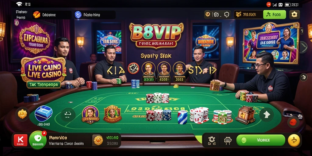 Screenshot gameplay B8VIP menunjukkan dealer profesional dan suasana Live Casino yang hidup.