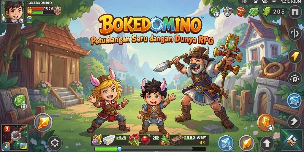Tampilan gameplay <strong>BOKEDOMINO</strong> dengan karakter yang berpetualang dalam dunia RPG.