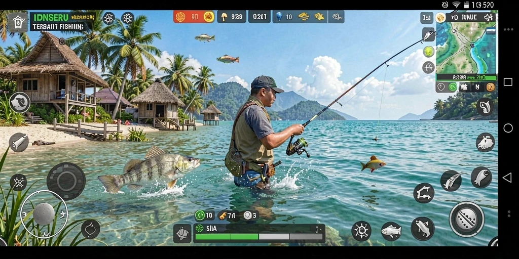 Screenshot gameplay IDNSERU dengan pemandangan memancing yang indah.